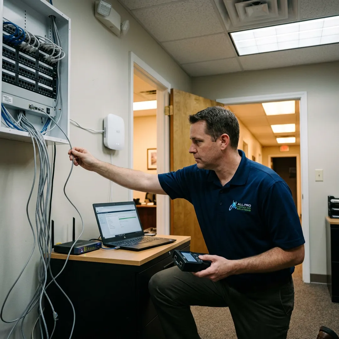 Network support technician testing office connectivity