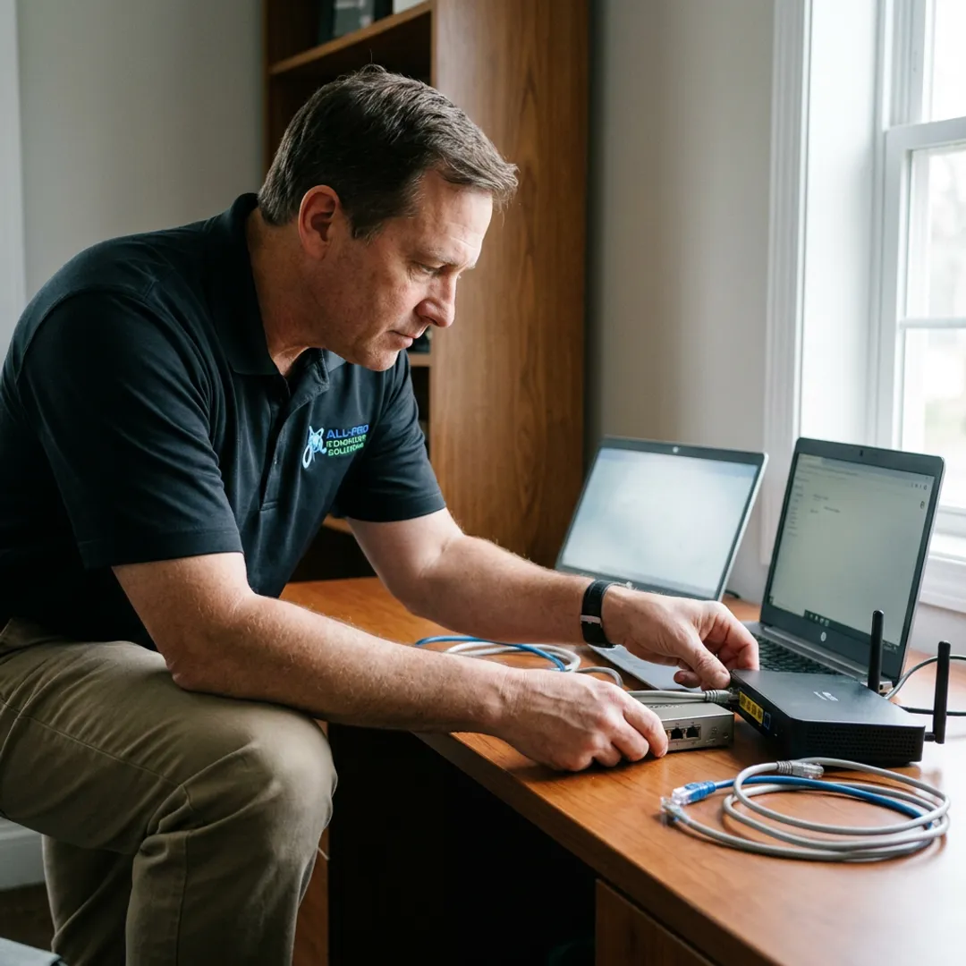 Technician configuring a business WiFi network