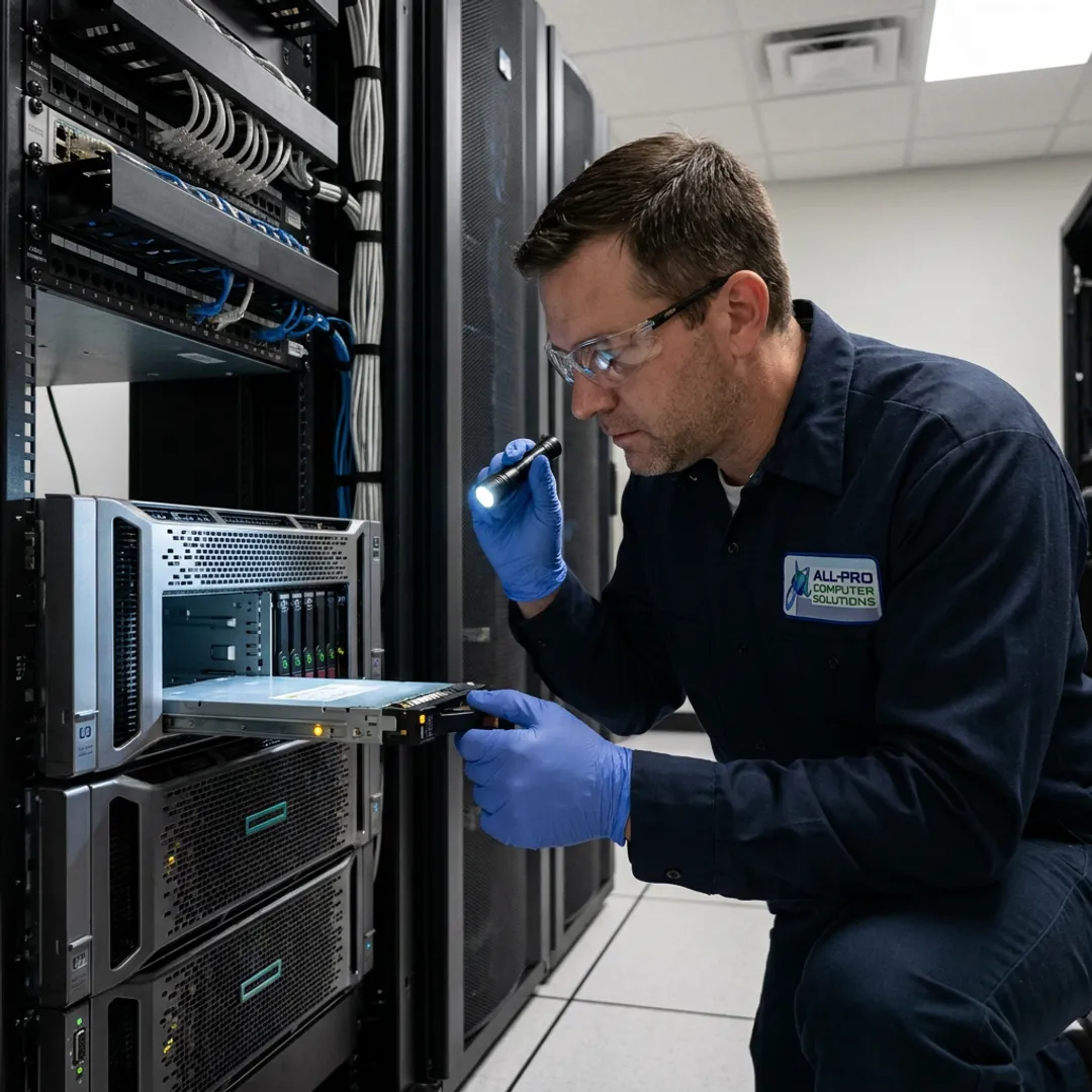 Technician servicing HP server hardware in a business server room