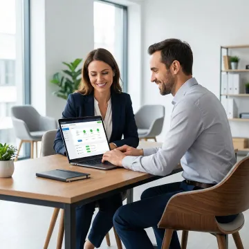 Business owner and IT technician reviewing network setup on a laptop in a North Bay office