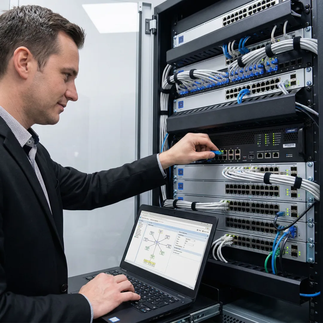 IT technician configuring network segmentation on enterprise switches and firewall hardware