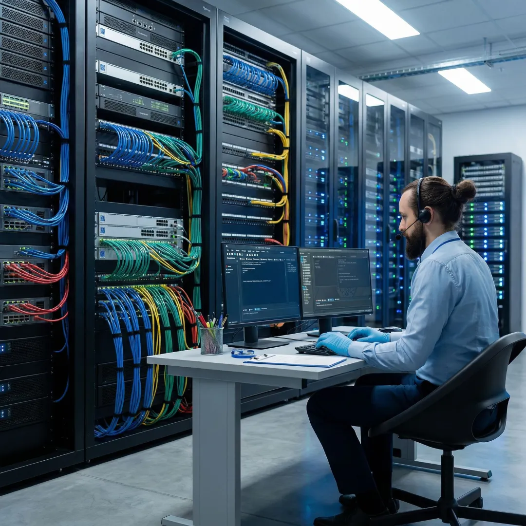IT technician troubleshooting a business network with cables and router equipment