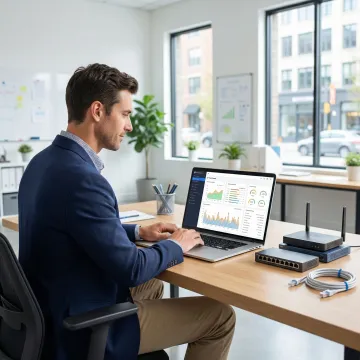 IT professional reviewing network configuration on a laptop in a small business office