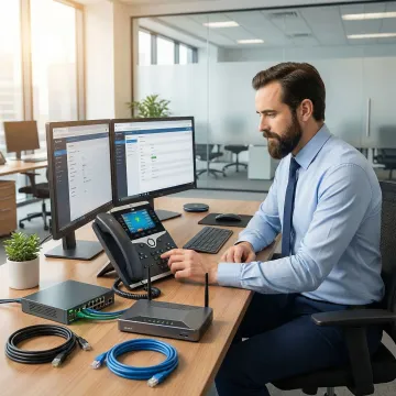 IT technician configuring a VoIP office phone system at a North Bay business