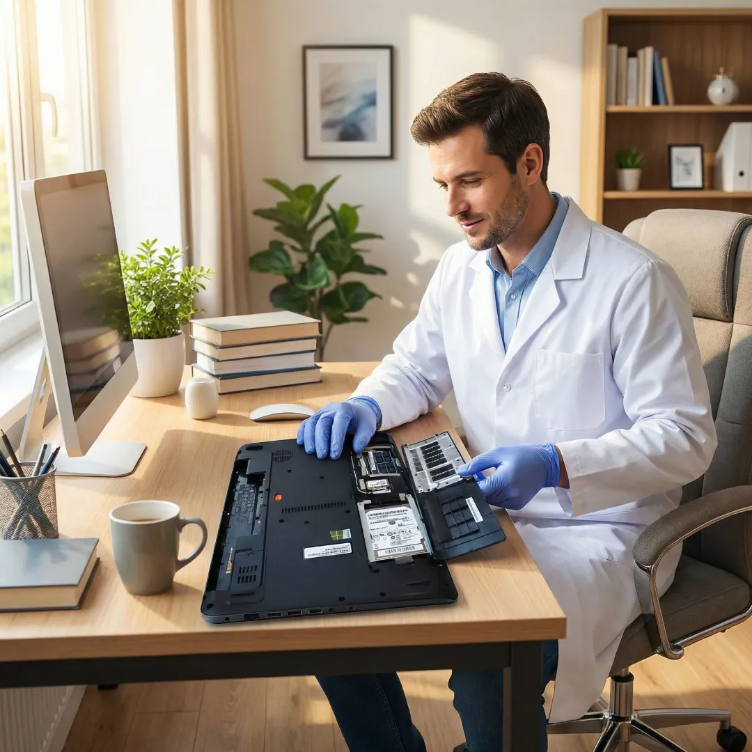Technician performing on-site computer repair at a home office desk
