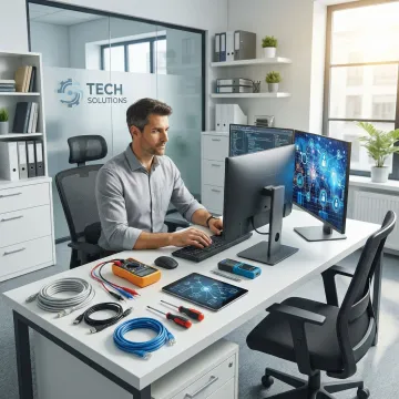 APCS technician repairing a computer on-site at a North Bay business office