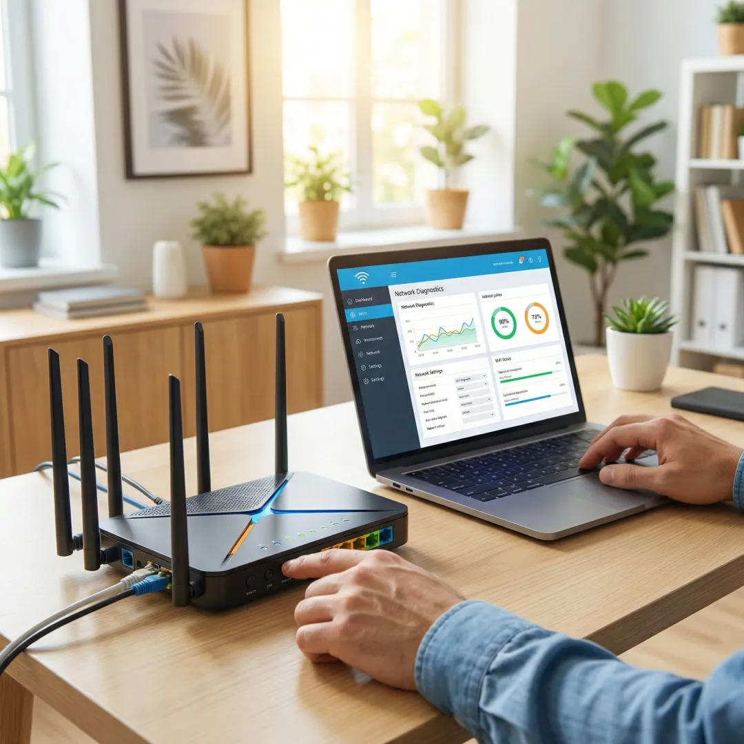 Technician troubleshooting Optimum WiFi router and network setup for a home or office.