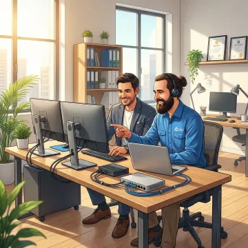 IT technician helping a small business owner with computer setup