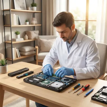 Technician repairing a laptop at a customer's home office