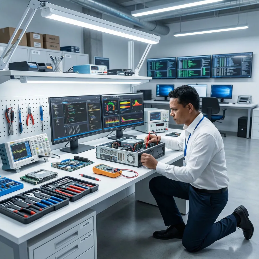 Technician performing emergency PC repair on a desktop computer