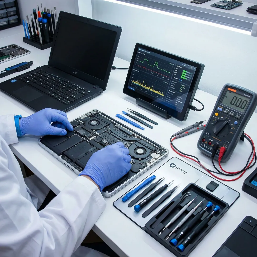 Technician repairing a laptop and Mac computer at a professional repair workstation