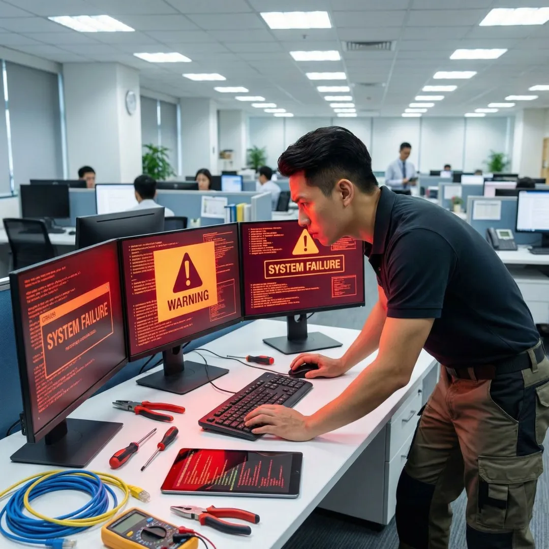 IT technician providing emergency computer repair support at a business office