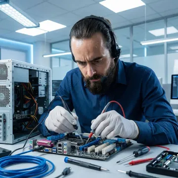 Technician urgently repairing a business computer during an IT emergency