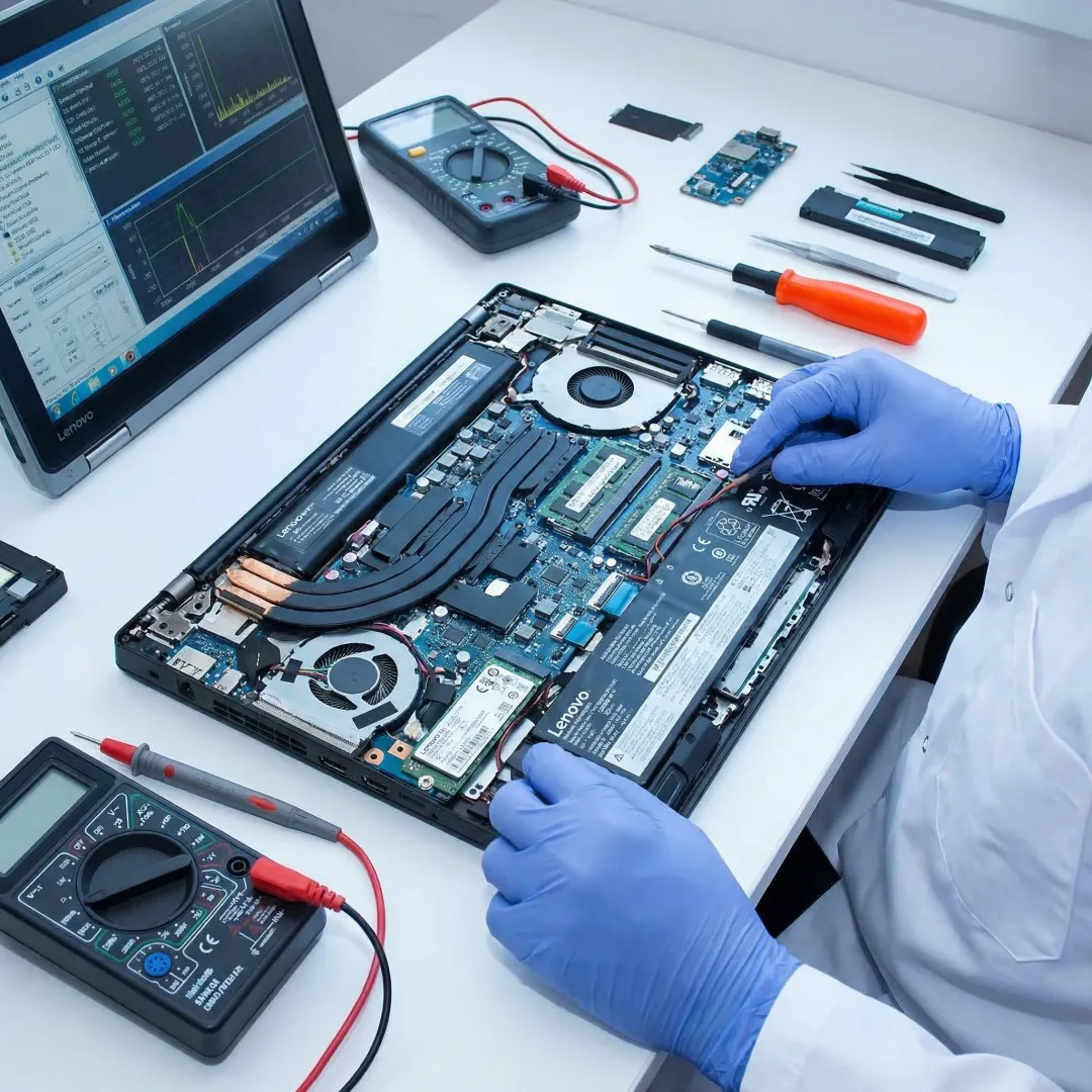 Technician repairing a Lenovo laptop at a professional repair workstation