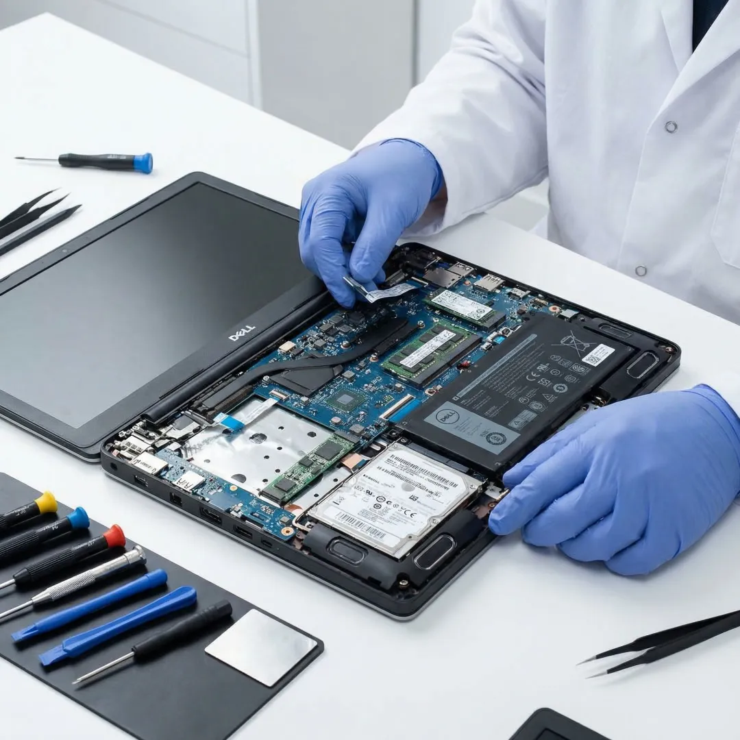 Technician repairing a Dell laptop at a professional computer repair workbench