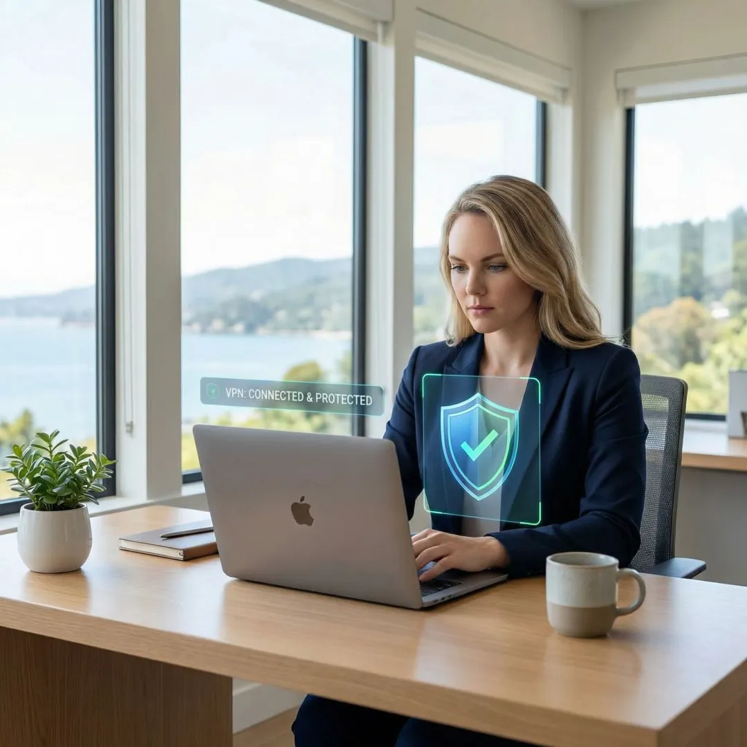 Mac user protected by cybersecurity software with secure network connection