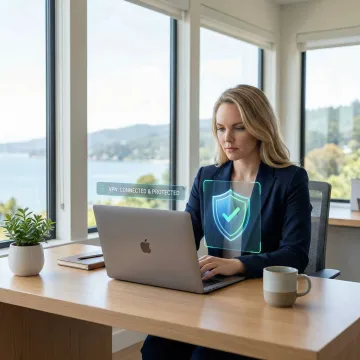 Mac user protected by cybersecurity software with secure network connection