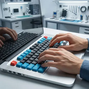 Technician testing a repaired mechanical keyboard after PCB soldering repair