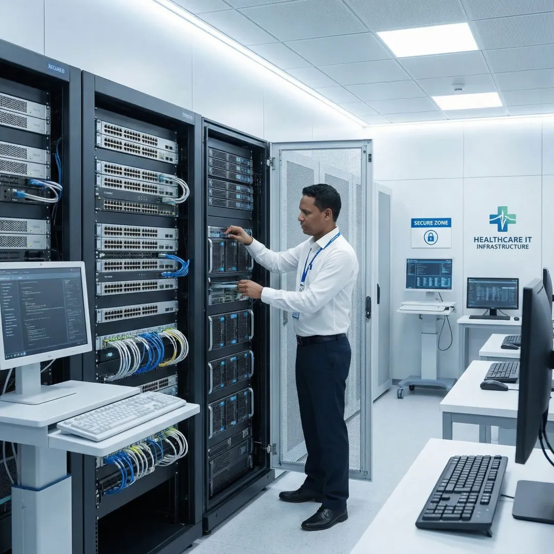 Healthcare IT professional managing hospital network systems