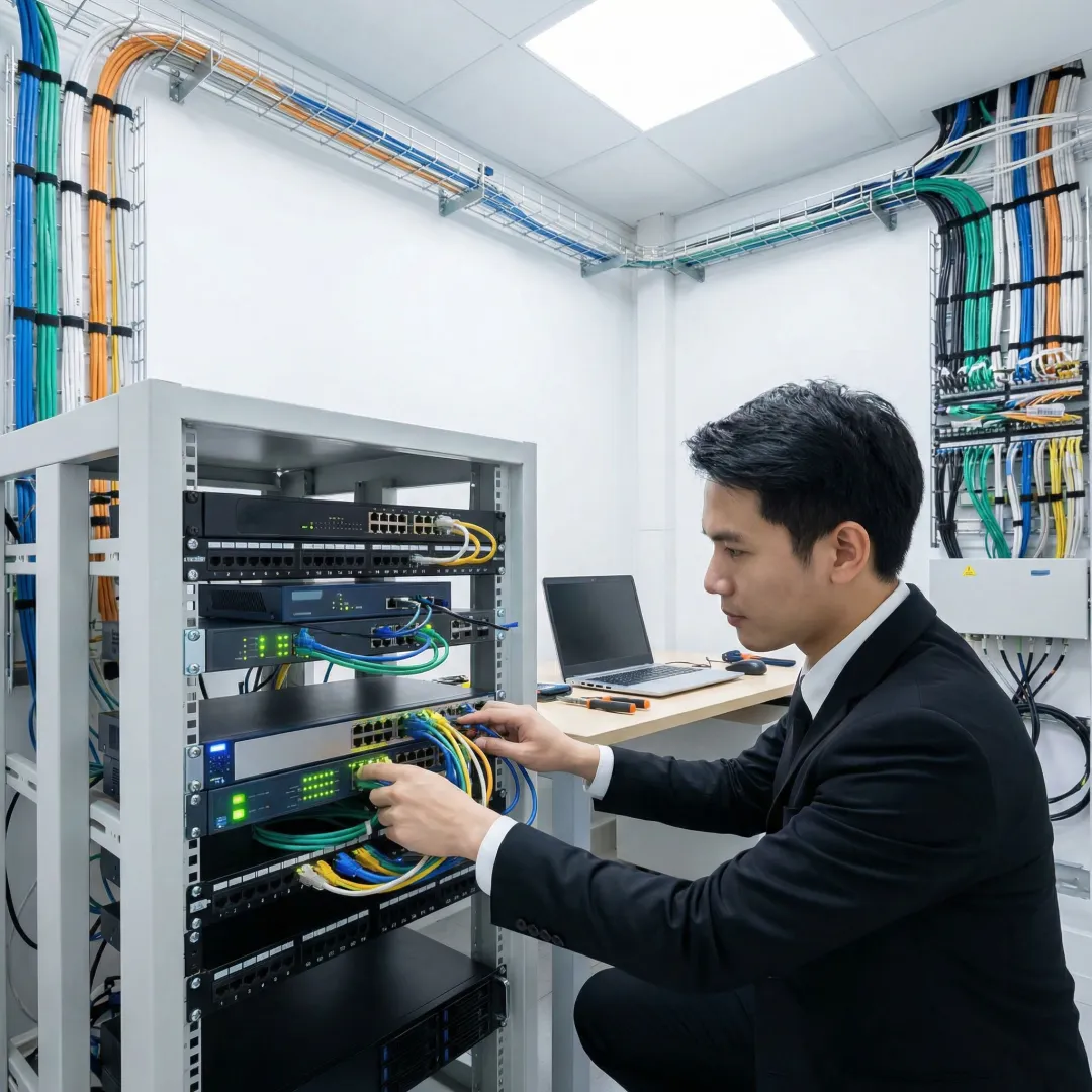 IT technician designing and configuring a business network with routers and cabling
