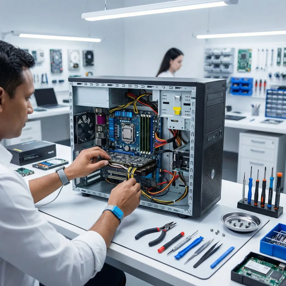 Technician repairing a desktop computer in a professional IT service shop