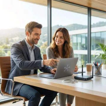 IT professional consulting with a small business owner about technology solutions