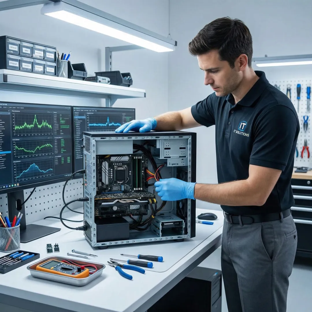 IT technician repairing a computer at a professional workstation
