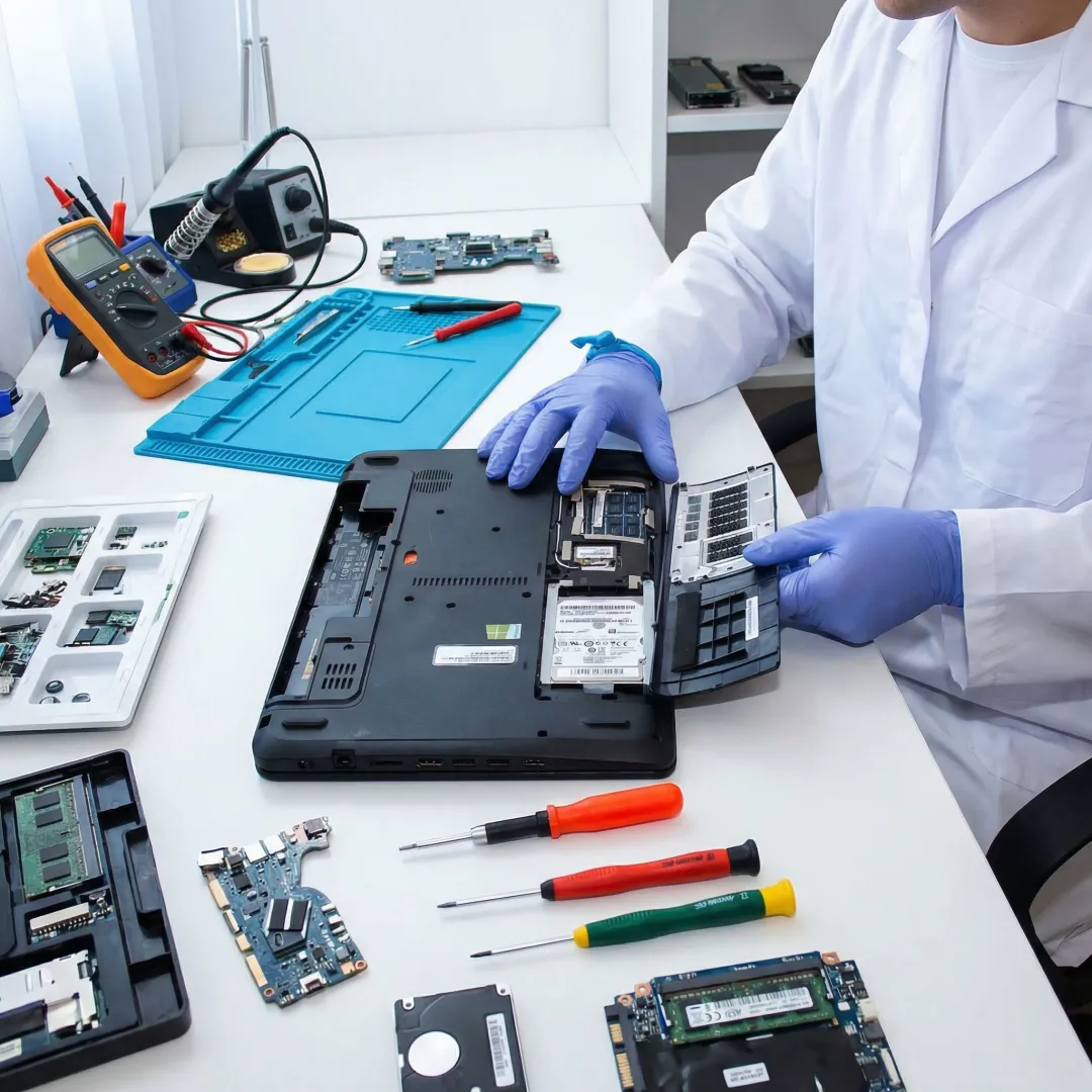 Technician repairing a laptop computer at a professional IT service desk