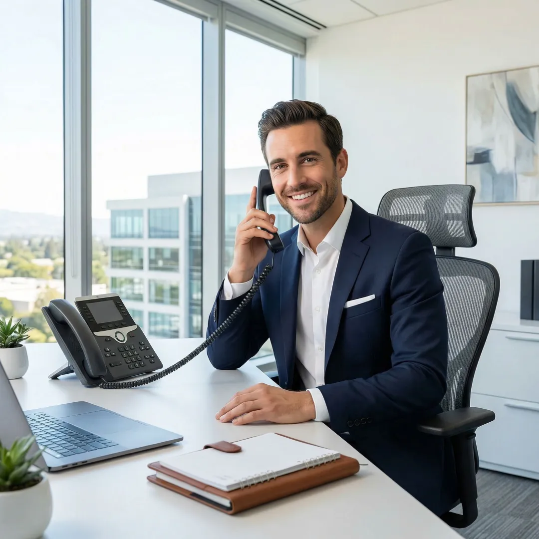 Business professional using a repaired multi-line office phone system at a workstation.