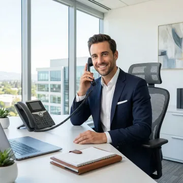 Business professional using a repaired multi-line office phone system at a workstation.