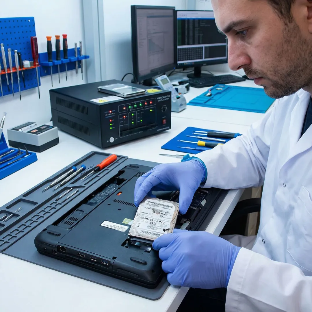 Technician performing secure data recovery from a failing hard drive in a professional IT workspace