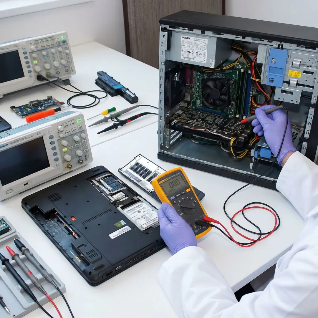 Technician performing advanced computer diagnostics on a laptop and desktop PC