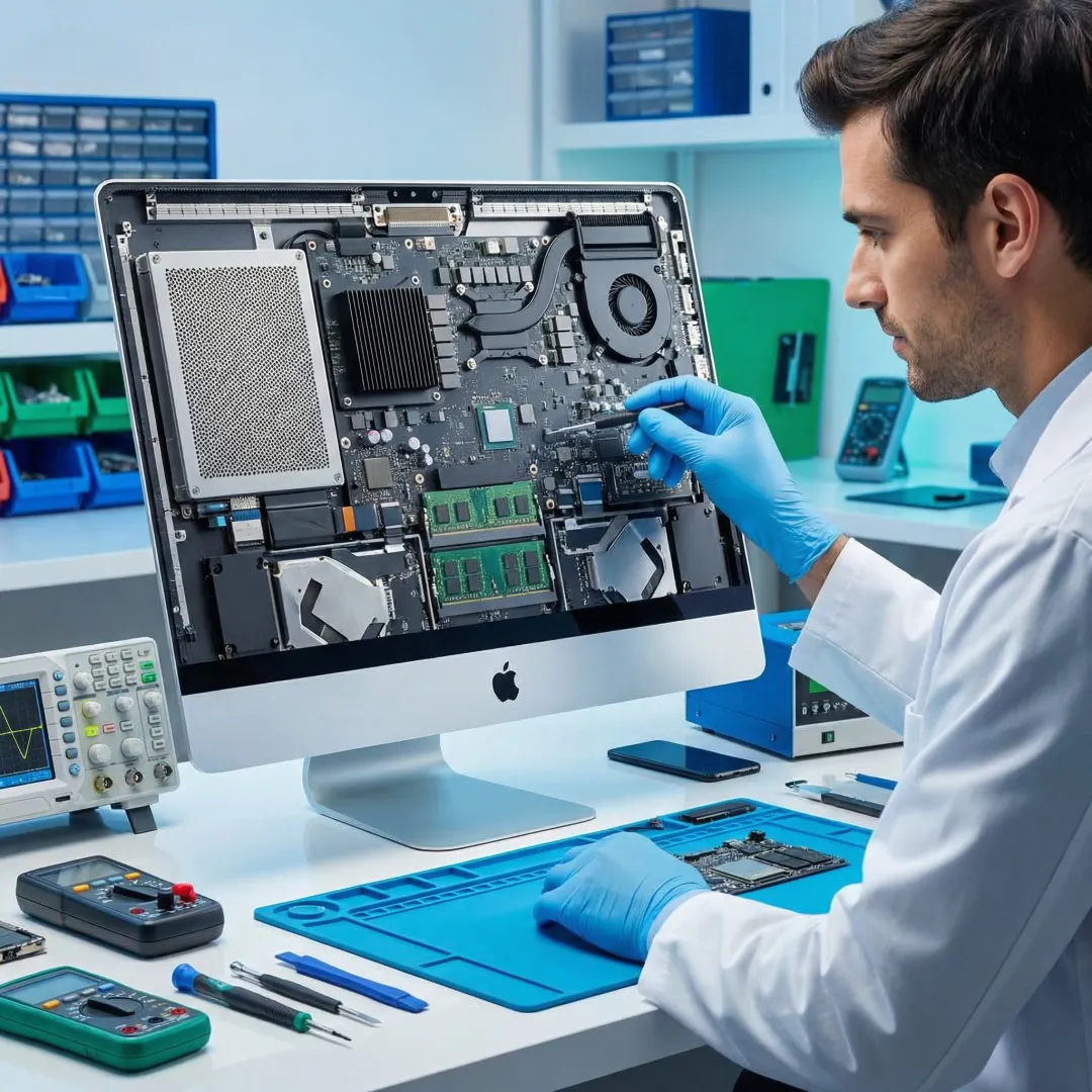 Technician performing iMac repair and diagnostics at a professional workstation