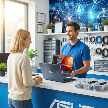 Technician explaining ASUS laptop repair options to a satisfied customer