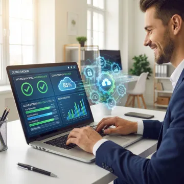 Business owner reviewing backup status on a laptop with a secure cloud dashboard