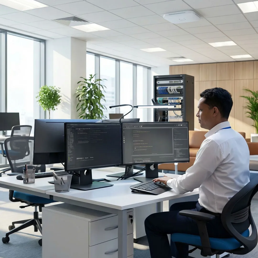 Technician repairing a business desktop computer on-site at an office