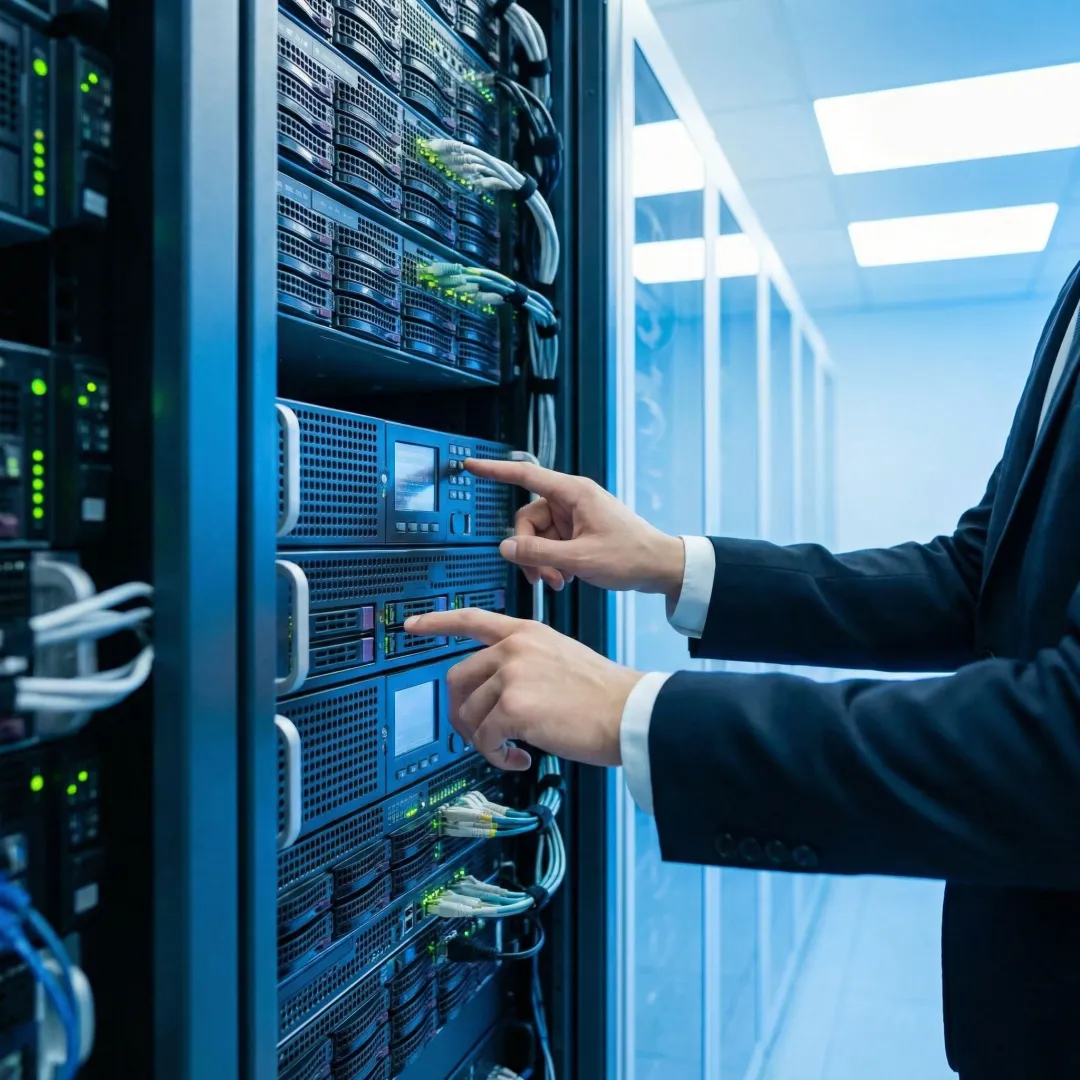 IT technician managing business server racks in a professional server room