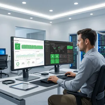IT professional reviewing server performance dashboards for a business client