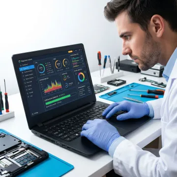 Technician running diagnostic tests on a laptop in a repair shop