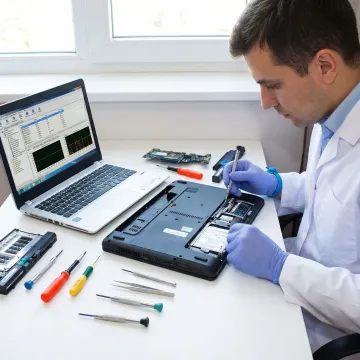 Computer technician performing hardware diagnostics on a laptop