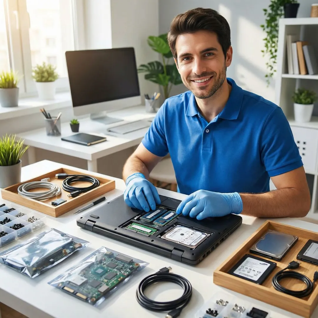 Technician performing computer repair at a client's home in the North Bay Area