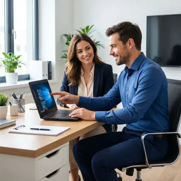 Computer repair technician assisting a client with their laptop in a professional office setting
