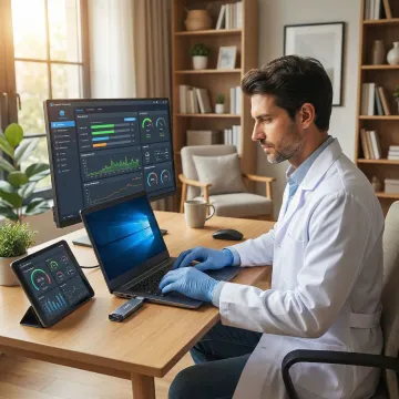 Technician optimizing a laptop computer for faster performance in a home office setting