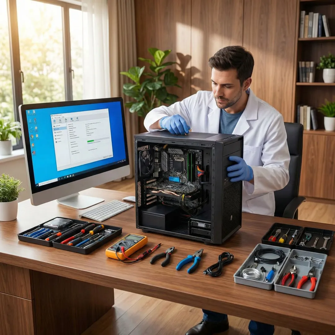 Professional IT technician repairing a computer at a home office in the North Bay Area