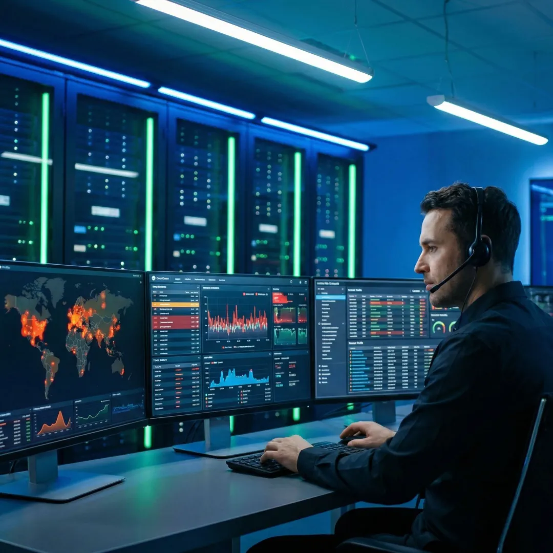Enterprise cybersecurity professional monitoring threat detection dashboard in a secure server room