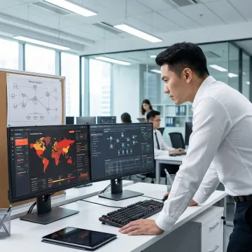 IT security expert reviewing cybersecurity threat reports on dual monitors in a professional office