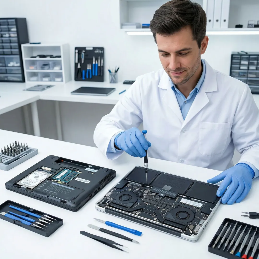 Technician repairing a Dell laptop and Apple Mac computer on a workbench