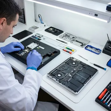 APCS technician diagnosing a Mac and Dell computer in a professional repair environment
