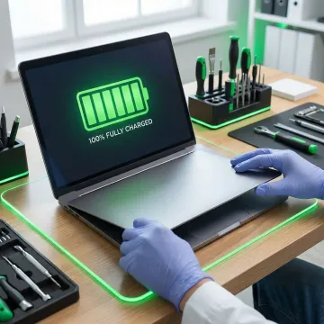 Laptop with a new battery installed showing full charge indicator