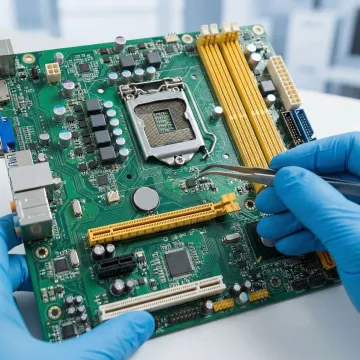 Close-up of a desktop motherboard being examined by a repair technician